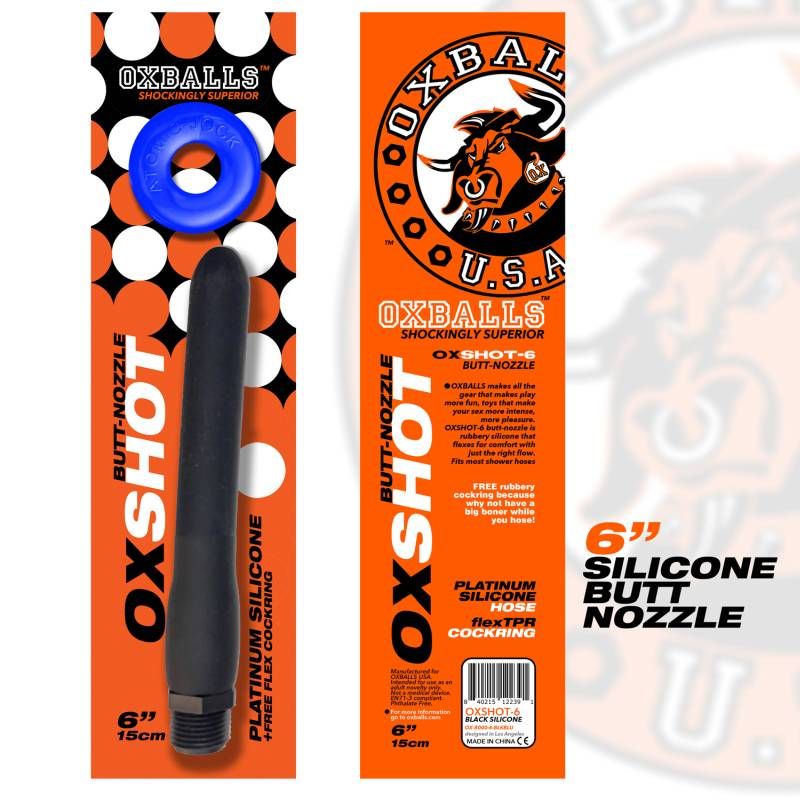 <p>OXSHOT 6 deep-reach power wash platinum silicone butt nozzle plus ATOMIC JOCK cockring by OXBALLS.</p>