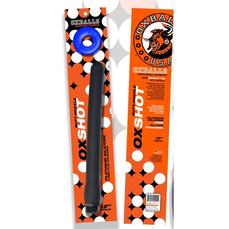 <p>OXSHOT-12 deep-reach power wash platinum silicone butt nozzle plus ATOMIC JOCK cockring by OXBALLS.</p>
