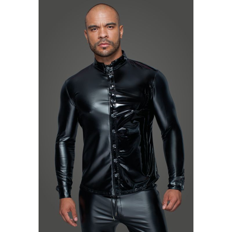 Stylish shirt with long sleeves and a trendy material mix of Powerwetlook and PVC.