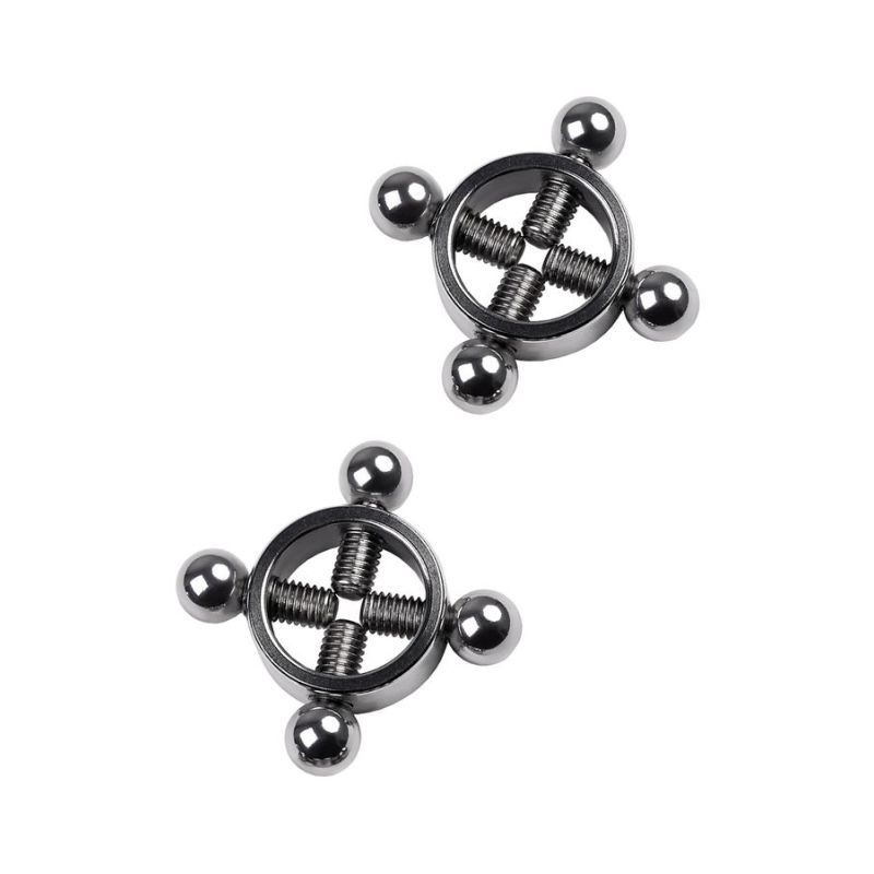 Pack of two silver nipple clamps which are tightened by turning the screws on each corner for greater sensation.