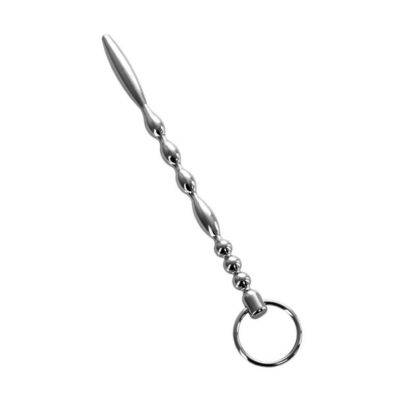 Urethral plug with a ring at the base with a figured relief. The relief provides additional stimulation of the urethra.