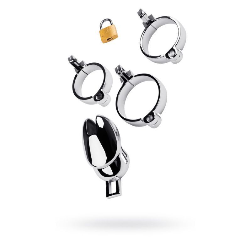 silver metal chastity cage featuring penis lock and three different metal rings that fit behind the balls with brass padlock to keep it all secure.</p>