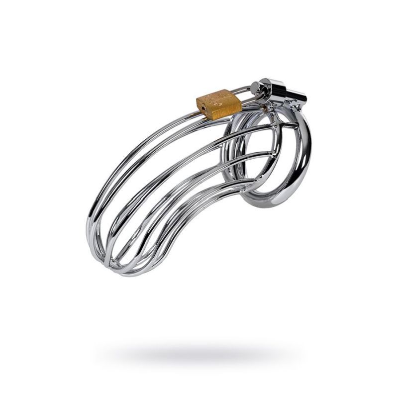 The metal chastity belt has an anatomical shape and is equipped with numerous holes for hygiene. The set includes 3 rings for the scrotum of different diameters.