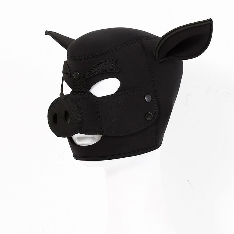 Full neoprene rubber pig head mask. Complete with ears and detachable nose/mouthpiece so you can chew that bone.Features: