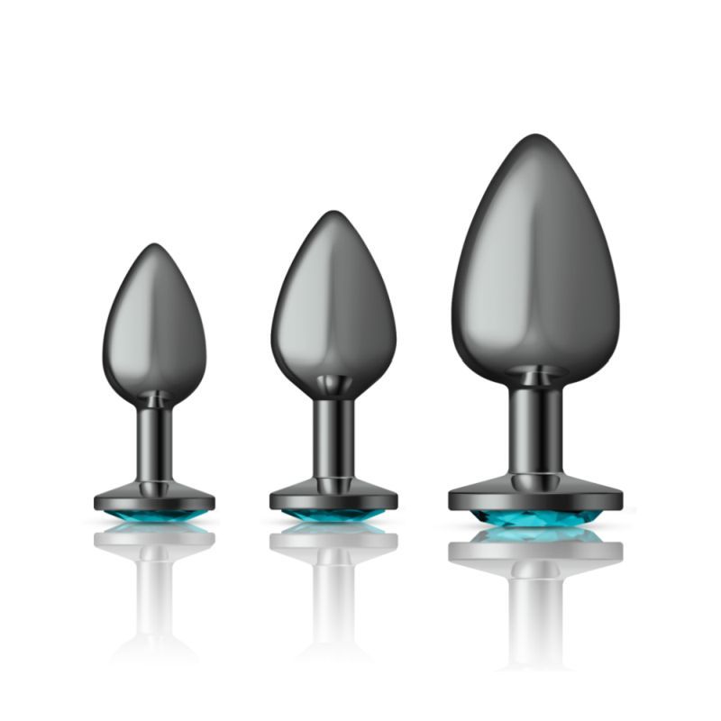 medium and large teardrop shapedmMetal butt plug with round teal acrylic gem.</p>