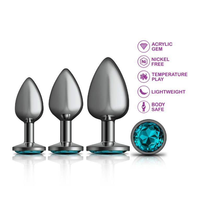 Cheeky Charms - Round Metal Butt Plug Gunmetal 3 Pc Kit w Teal Jewel.