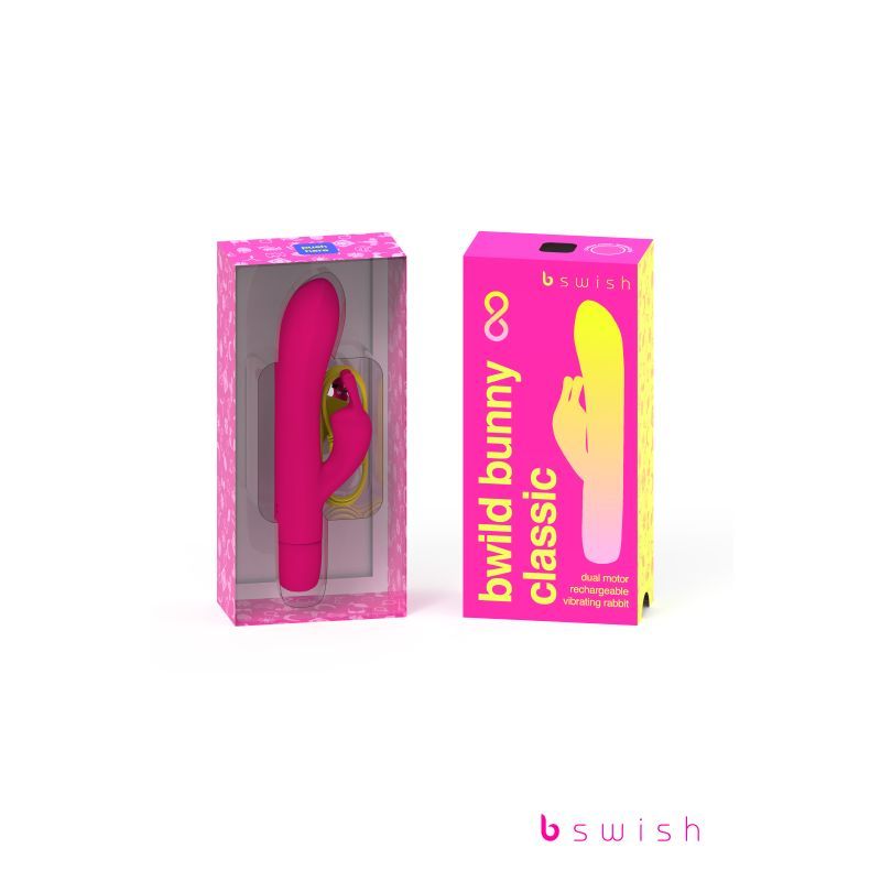 The Bwild Bunny Classic Infinite is a rechargeable dual motor rabbit vibrator. It is waterproof and features 8 different vibrating modes. The packaging offers a new energetic