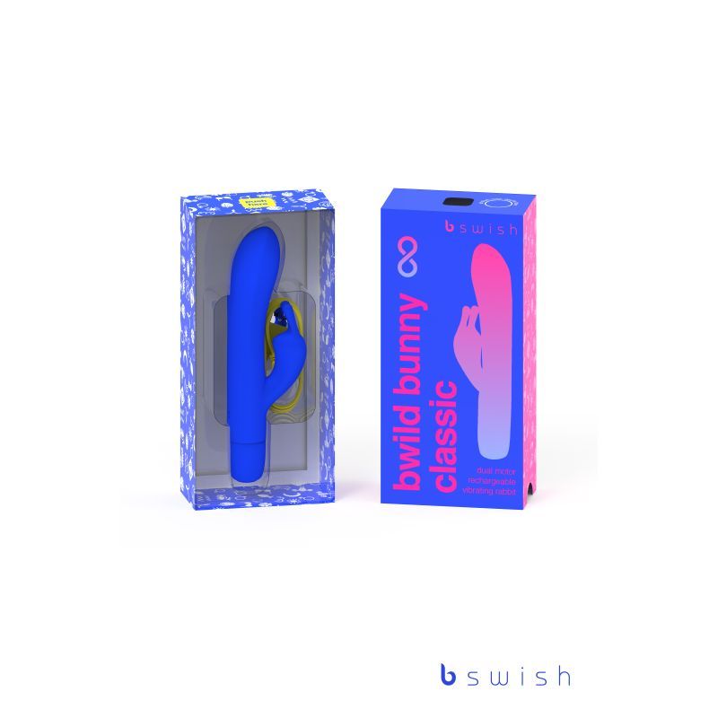 The Bwild Bunny Classic Infinite is a rechargeable dual motor rabbit vibrator. It is waterproof and features 8 different vibrating modes. The packaging offers a new energetic