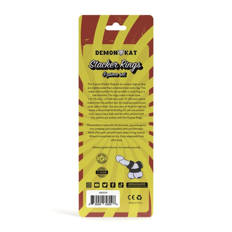 The 3-piece Stacker Rings set are unique rings as they are slightly wider than a standard size cock ring. This makes them perfect to use as either a cock ring or a ball stretcher. The rings come in three sizes: 1.4” (35mm)