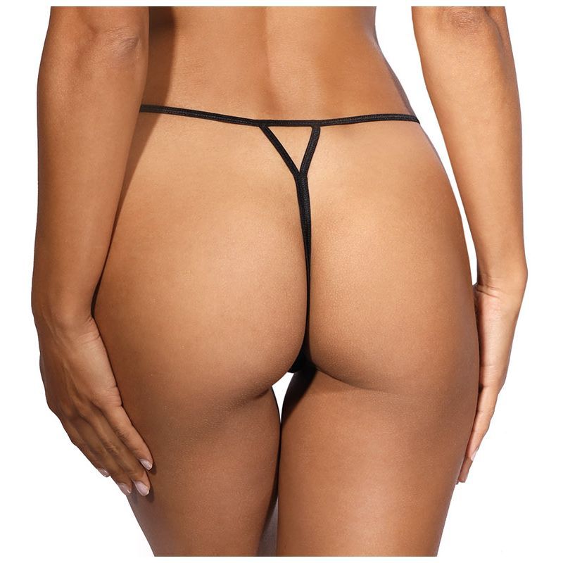 Delicate open crotch black lace G-String with frontal bow and traditional elastic V-string back.
