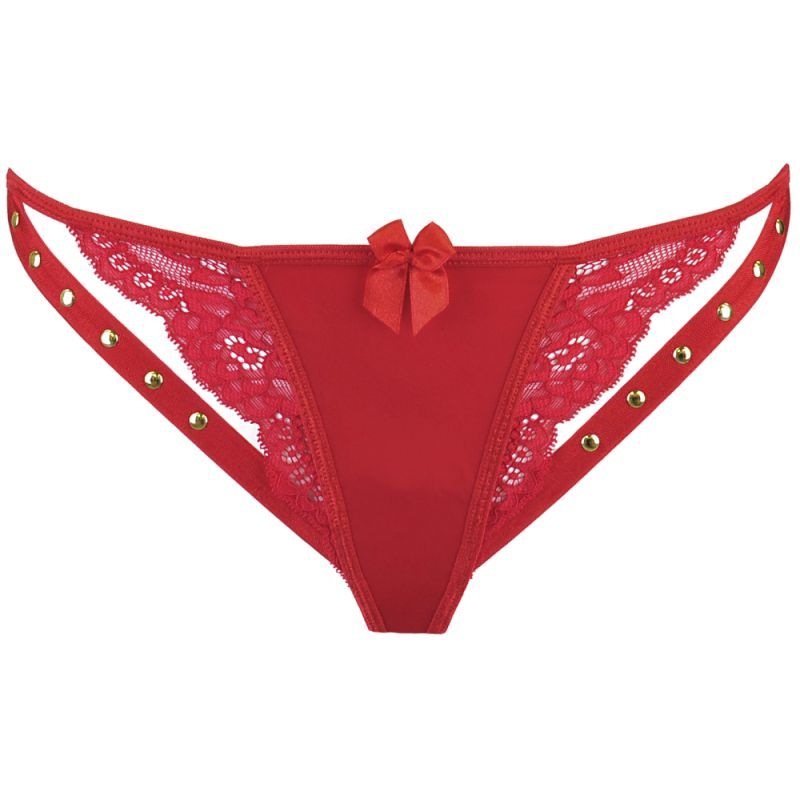 adorned with delicate bow and lace edging. Additional red straps adorned with gold studs compliment this stylish and sexy piece. Featuring a alluring V-back and quality fabrics.