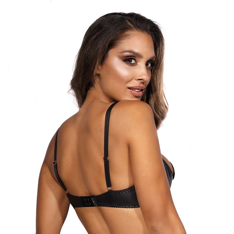 Premium Wetlook half cup bra with built in gold zippers adding a sharp styling twist. The straps are adjustable via gold coloured rear sliders and is fastened with a hook and eye closure.