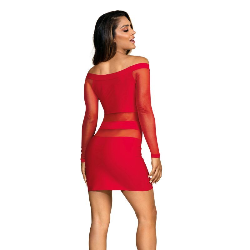 Seductive and feminine red off the shoulder microfiber dress. Featuring 2 gorgeous tulle mesh panels in the midriff and mesh sleeves.