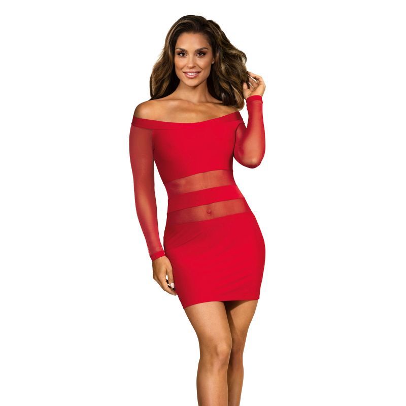 Seductive and feminine red off the shoulder microfiber dress. Featuring 2 gorgeous tulle mesh panels in the midriff and mesh sleeves.