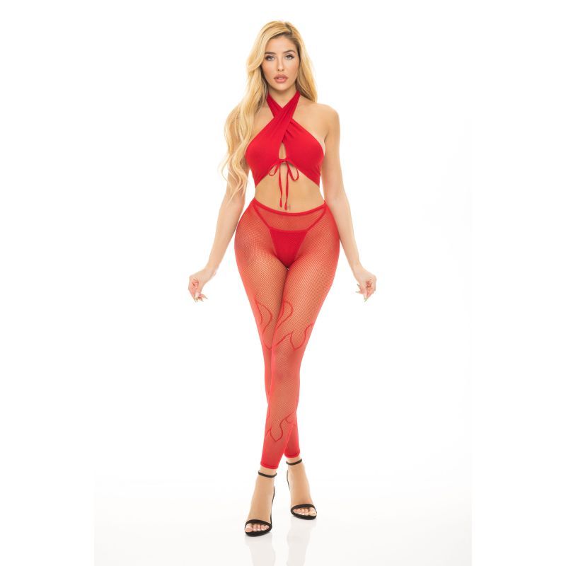 A sexy and firey set that includes flaming hot patterned net style leggings