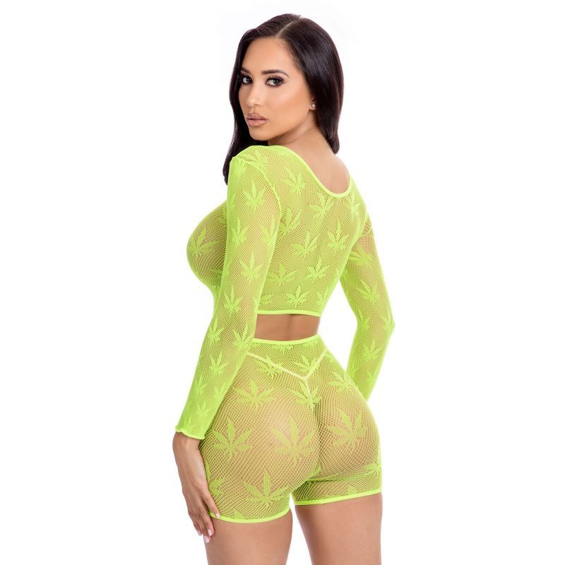 A highly-seductive duo. The risqué Leaf it To Me Short Set features a long-sleeved crop top and shorts combo. What makes things truly sultry is the sheer net material that doesn’t leave much to the imagination. Highlighted by a unique pot leaf design