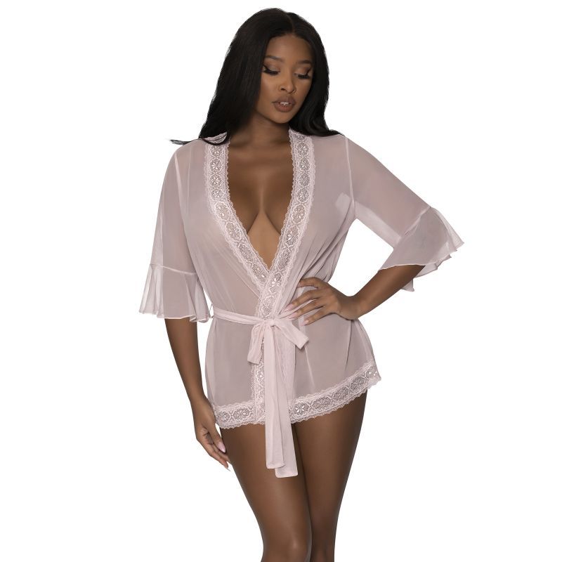 thigh length robe featuring breathable mesh trimmed with lace