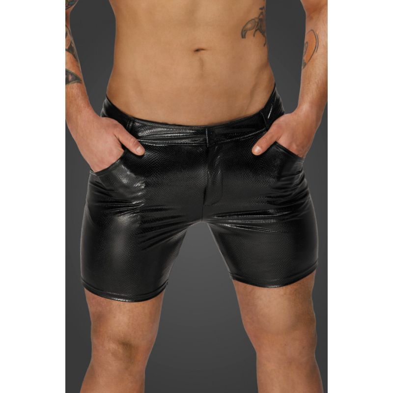 Classic mid-length men's shorts made of snake wetlook with a button and zipper for comfortable access plus back pockets.