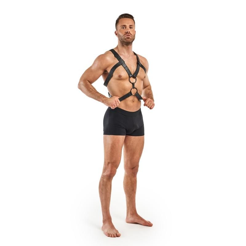 Bring all your wildest fantasies to life with this kinky harness. Made of durable faux leather and generously adjustable for a good fit.