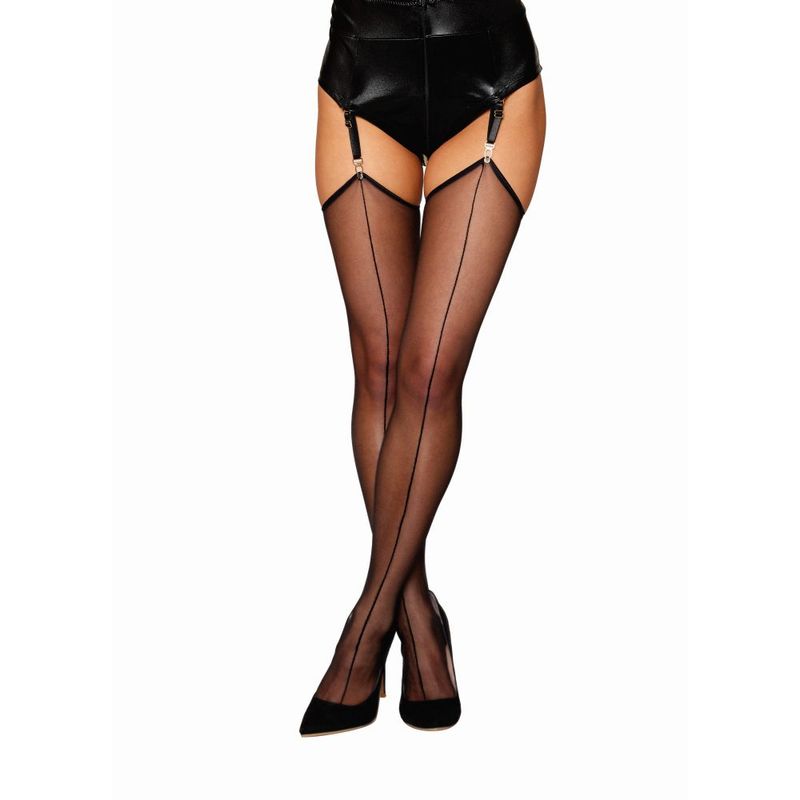 silky sheer thigh highs with rolled hem top and back seam details• Reversible; seams can be worn in the front or in the back• Designed to be worn with garters