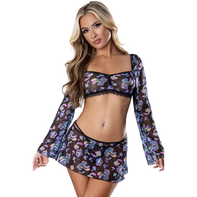 this style includes: A long sleeve crop top featuring black mesh with blacklight reactive rainbow mushroom print