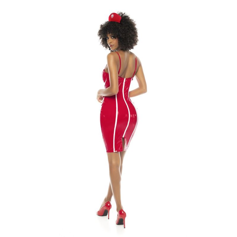 Stand out at the Halloween party as the unconventional nurse with this attention-grabbing ensemble. The vinyl tub dress features a laser-cut cross detail