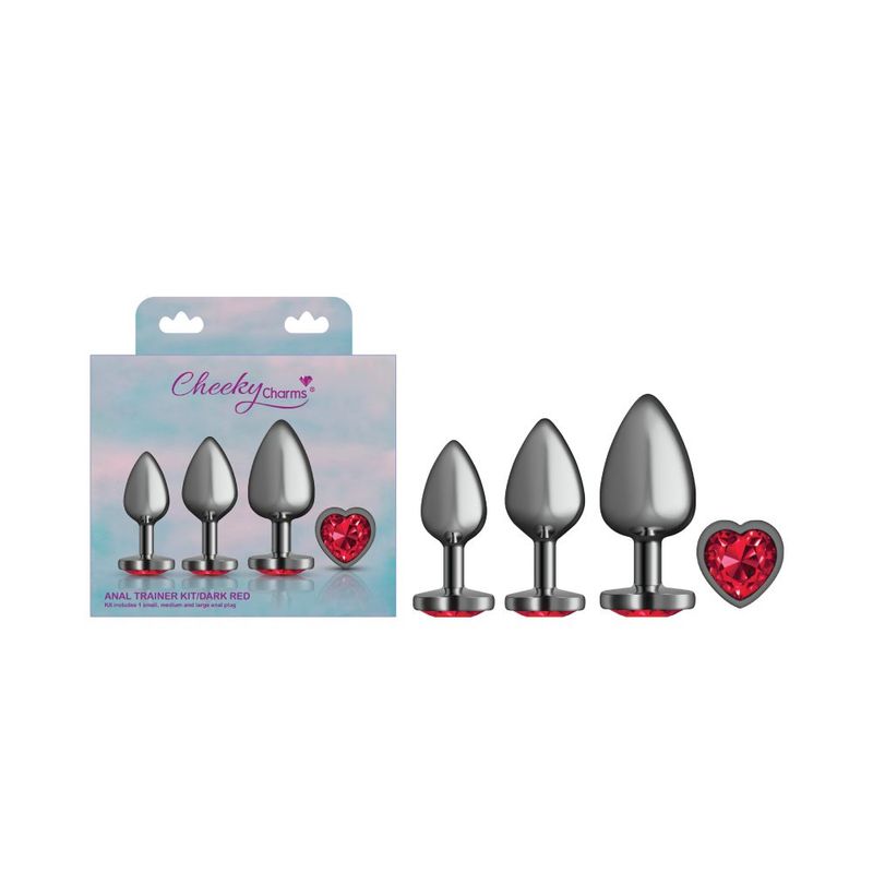 medium and large Teardrop shaped metal butt plug with heart shaped dark red acrylic gem.</p>