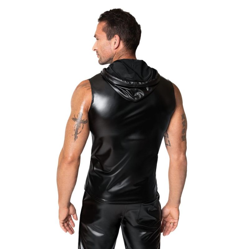 wetlook sleeveless hoody with drawstring closure.</p>