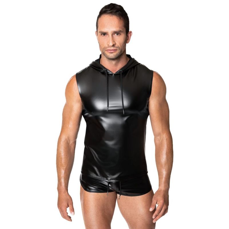 wetlook sleeveless hoody with drawstring closure.</p>