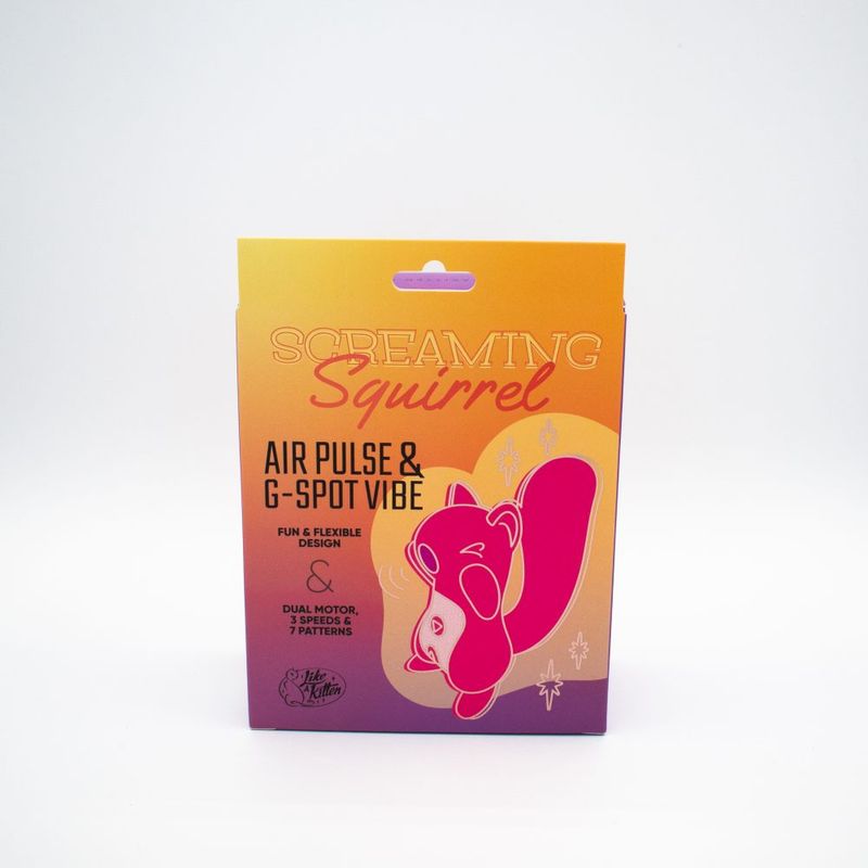 Screaming Squirrel is a multi-function toy with air pulse and vibration capabilities. The mouth of the squirrel fits perfectly around sensitive areas such as the clitoris or nipples. Insert the tail and enjoy the curved design as it hits your G-spot or P-Spot! Both motors are independently controlled for unlimited play options. The tail is flexible for superior comfort during use.