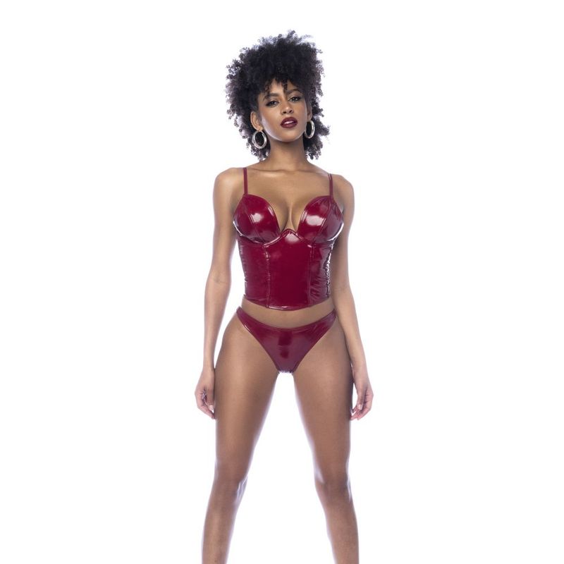 Two-piece vinyl set in an iconic color. Includes bustier with underwire for greater support