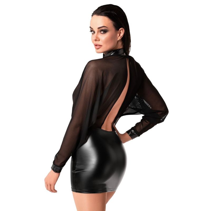 This captivating ensemble combines the elegance of sheer mesh with the boldness of Stretchy Power Wetlook fabric