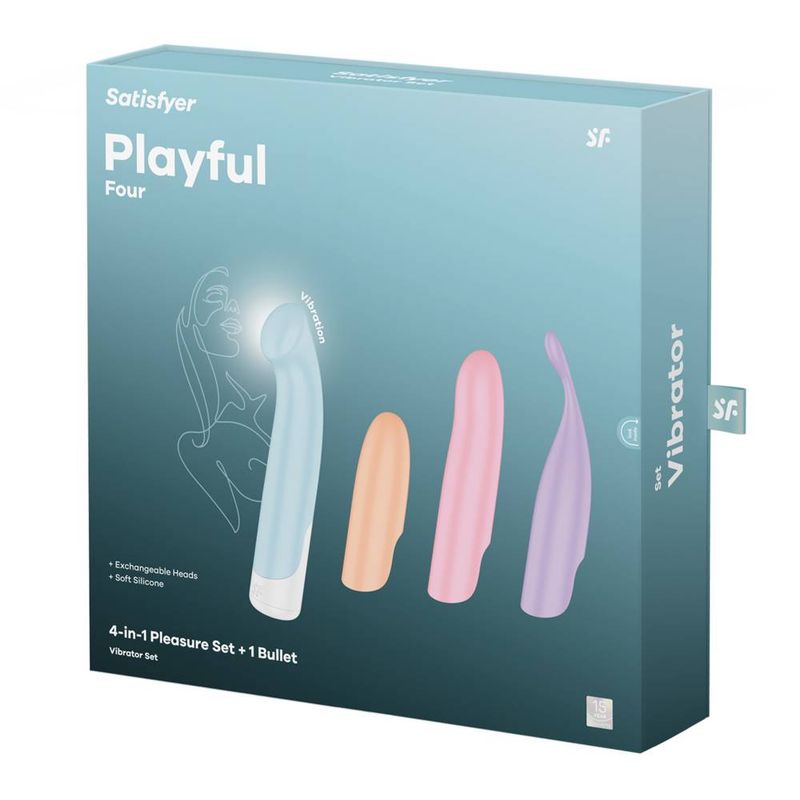the small compact Lay-on Vibrator for targeted stimulation or the slightly curved Vibrator for either G-spot or clitoral stimulation. 12 vibration programs consisting of 5 intensity settings and 7 modes can be easily controlled via the button on the base.<br /> <br /> • Waterproof (IPX7)<br /> • 12 vibration programs<br /> • 4-in 1 pleasure set plus 1 Power-Bullet<br /> • USB magnetic charging cable included<br /> • Sleeves made of body-friendly silicone<br /> • Four easily exchangeable sleeves: G-Spot