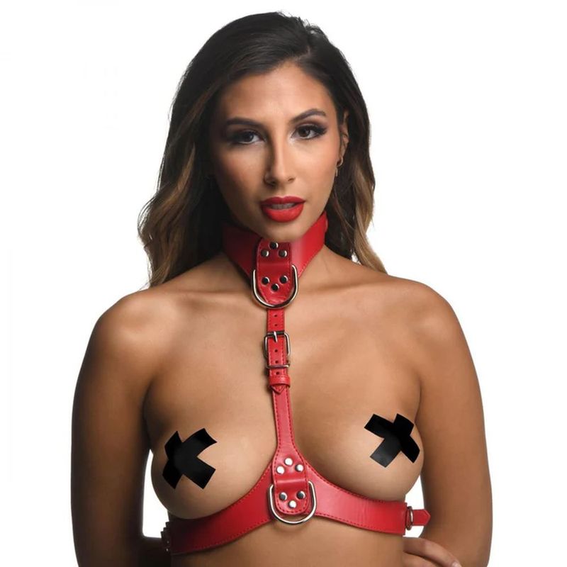Show off your gorgeous body and share your flair for kink with this chest harness! The top of the harness wraps around the neck to serve as a collar then comes down between the breasts to split off and wrap around to the back. The harness accentuates and complements the shape of each breast and has a halter-top look from behind. Each long strap has many holes in it so you can place the prongs through them to adjust for a perfect size! With buckle closures you have a comfortable yet secure fit. The harness adjusts from the neck to the center of the body