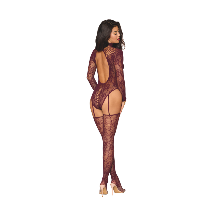 Indulge in the luxurious and seductive Dreamgirl Teddy Bodystocking Garter Stockings 0532 in stunning burgundy. This exquisite piece features a beautiful diamond pattern cut out design that will have you feeling like the ultimate temptress. The open back detail adds a hint of mystery
