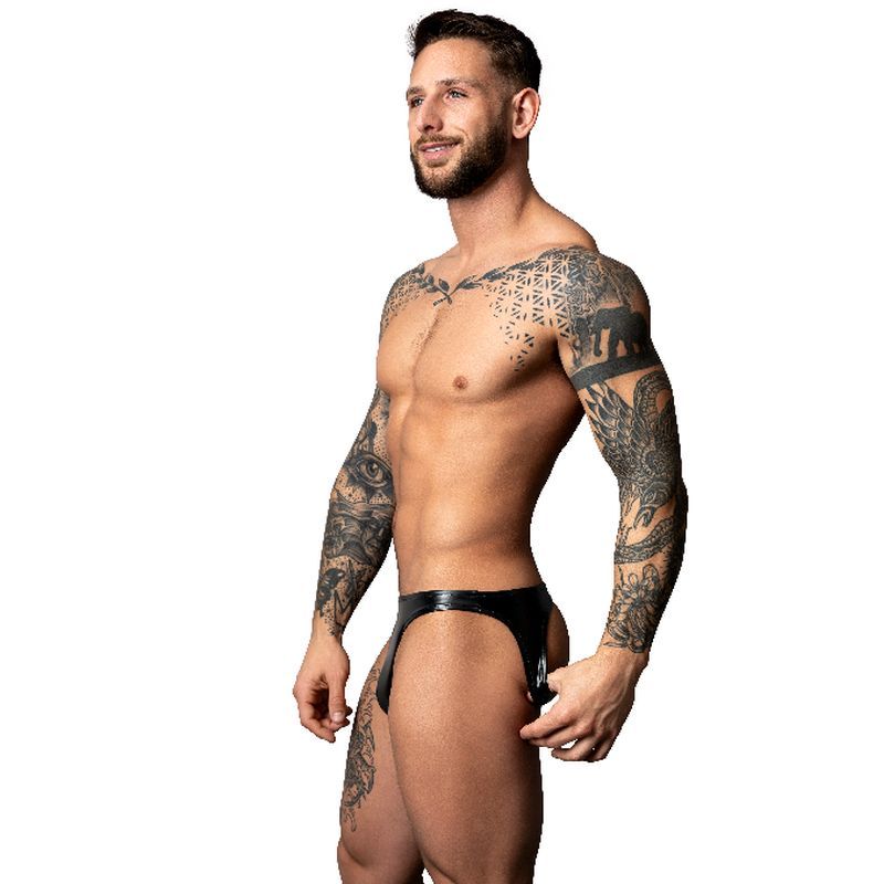 the Moonshine Jock Strap features a black high shine PVC spandex material contouring the front and back for a dominant look.</p>
