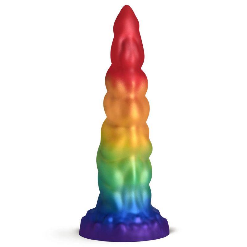 rainbow horn! The tapered tip of the horn makes insertion easy and it gets wider the deeper you go! Enjoy the larger and larger ribs along the shaft as you get deeper. The wide base provides powerful suction so you can go hands-free by placing it on any flat surface to keep it in place. You can also combine it with a compatible strap-on harness for pegging play! Made from premium