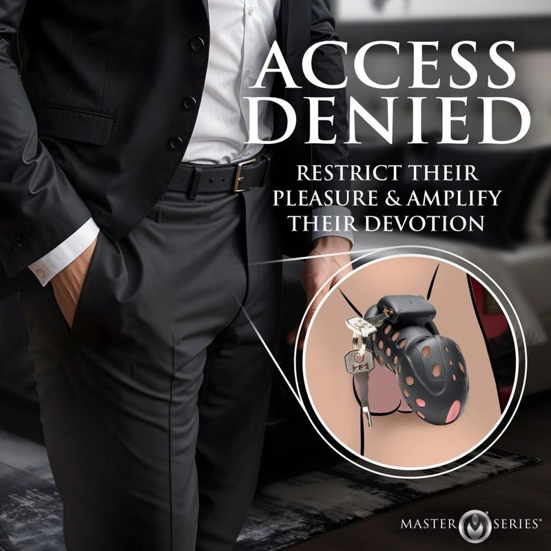 Explore new realms of submission and control with the Lock Down Chastity Cage. The cum-thru tip lets you maintain bathroom convenience