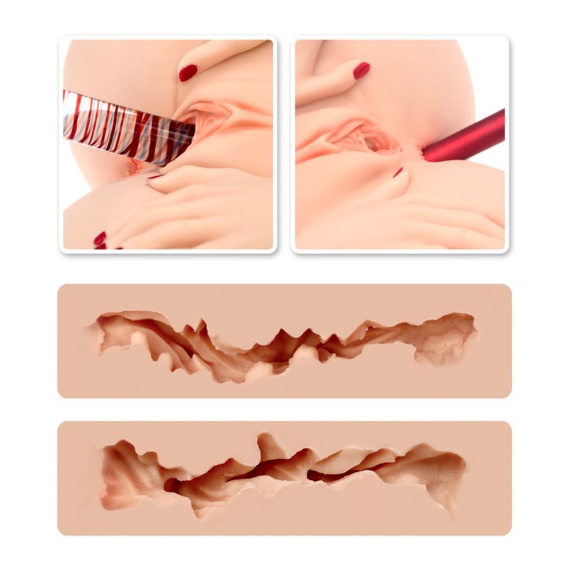 a premium torso masturbator captured in a provocative missionary pose - hands spread on her inner thighs