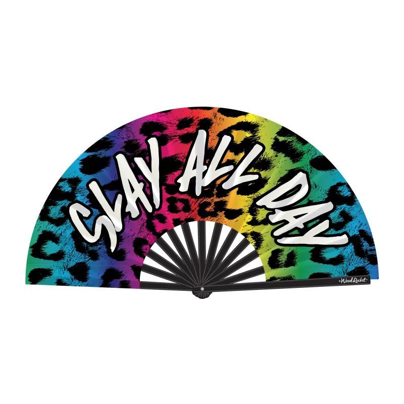 <p><span>Cool yourself in style with this “Slay All Day” large-sized folding hand fan. The rainbow leopard print is colorful and fun with just the right attitude! Made of glossy bamboo ribs and high-quality satin material.</span></p>