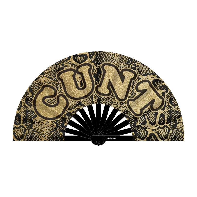 <p><span>Cool yourself in style with this “Cunt” large-sized folding hand fan. The glittery gold design is colorful and fun with just the right attitude! Made of glossy bamboo ribs and high-quality satin material.</span></p>