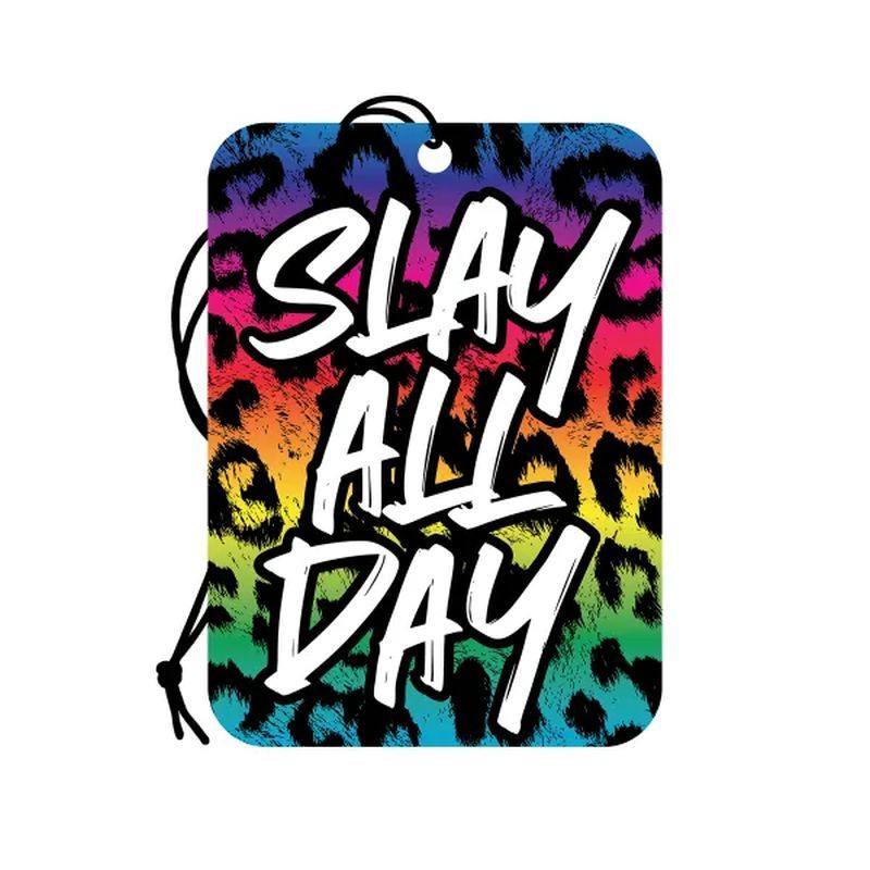 <p><span>Smell ya later with this “Slay All Day” leopard-print cardboard paper Air Freshener! Featuring a Fresh Wild Cherry Scent. Comes complete with a hanging string. Hang it in your car