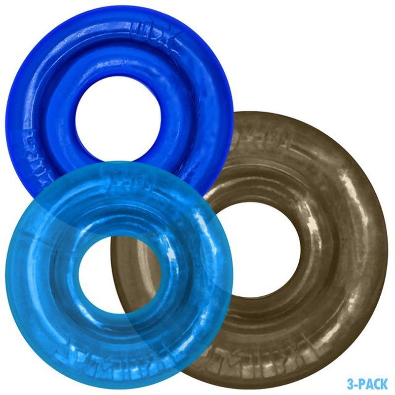 The RIMRINGZ 3-Pack gives you three sizes of plush-lip cockrings — two regular grippy rings plus one larger comfort-fit RIMZ BIG. Each ring grips firm with soft